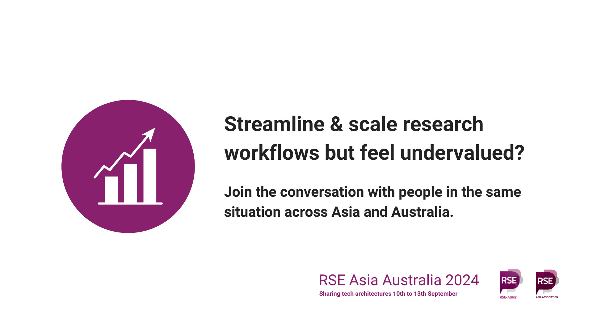 Graph with arrow going up in purple circle. Streamline & scale research workflows but feel undervalued? Join the conversation with people in the same situation across Asia and Australia. RSE Asia Australia 2024. Sharing tech architectures. 10th to 13th September. Logos of RSE AUNZ and RSE Asia.