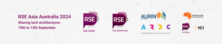 Banner of RSE Asia Australia Unconference 2023. Silos to synergy, achieving collaboration across domains. 13th to 15th September 2023. With logos for RSE-AUNZ, RSE Asia, ARDC and Australian BioCommons as key partners, NCI, QCIF, and AARNet as allied partners. 