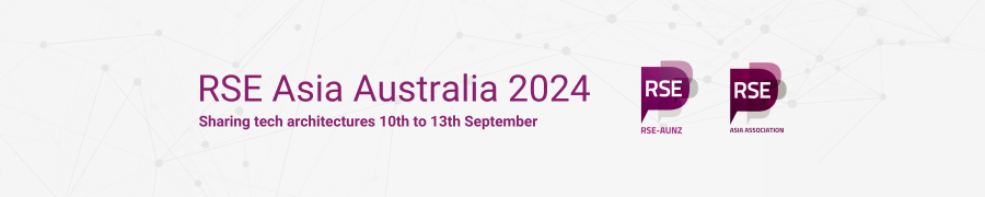 Banner of RSE Asia Australia Unconference 2024 with the title RSE Asia Australia Unconference shown. Sharing tech architectures. 10th to 13th September 2024.