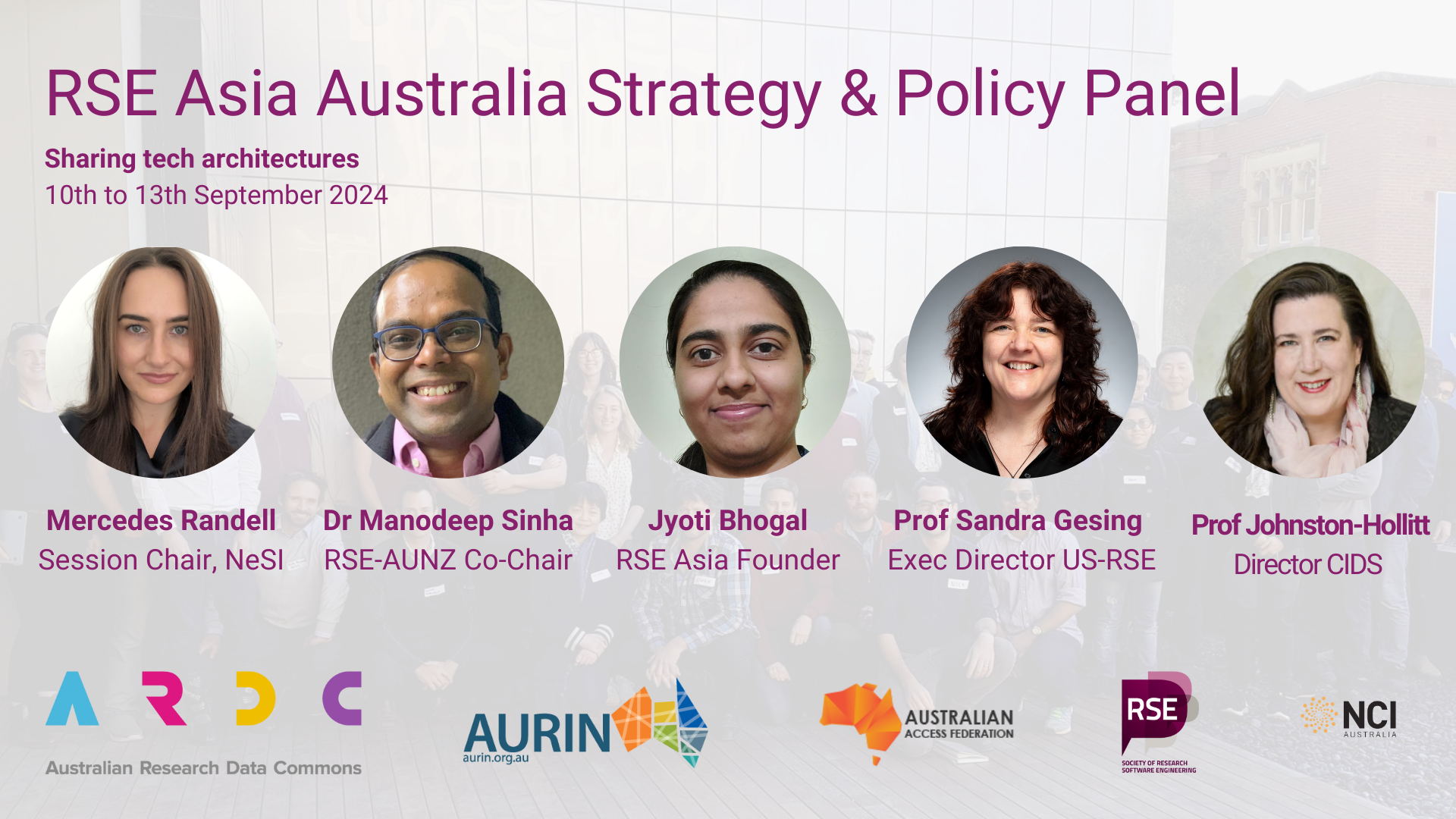 RSE Asia Australia 2024 Strategy and Policy Panel. Sharing tech architectures. 10th to 13th September. Profile pictures of Mercedes Randell Session Chair NeSI, Dr Manodeep Sinha RSE-AUNZ Co-chair, Jyoti Bhogal RSE Asia Founder, Prof Sandra Gesing Exec Director US-RSE, Prof Johnston-Hollitt Director CIDS. Logos of ARDC, AURIN, AAF, Society of RSE, and NCI